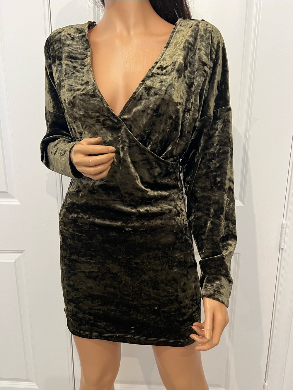 NWT Torn by Ronny Kobo Olive Green Crushed Velvet Wrap Mini Dress Size M